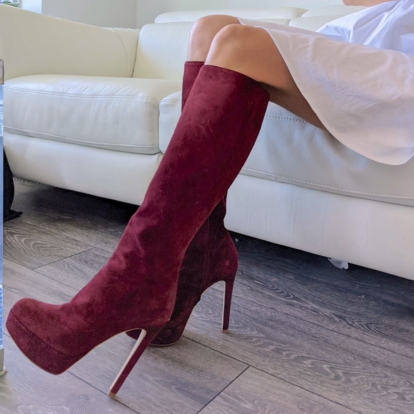 Christian Dior Burgundy Knee High Suede Boots - Picture 1 of 8